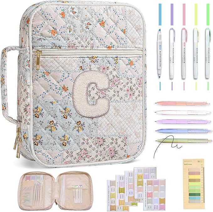 Personalized Initial Bible Cover Case for Women – Large Quilted Bible Bag with Handle, Chenille Letter, Bible Study Kit, Christian Gift for Mom, Grandma & Daughter (Patchwork Floral-C)