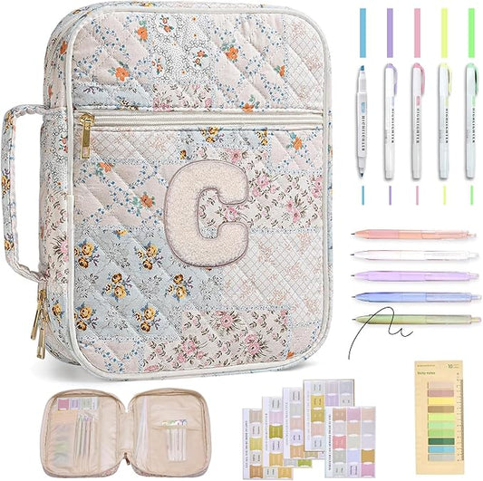 Personalized Initial Bible Cover Case for Women – Large Quilted Bible Bag with Handle, Chenille Letter, Bible Study Kit, Christian Gift for Mom, Grandma & Daughter (Patchwork Floral-C)