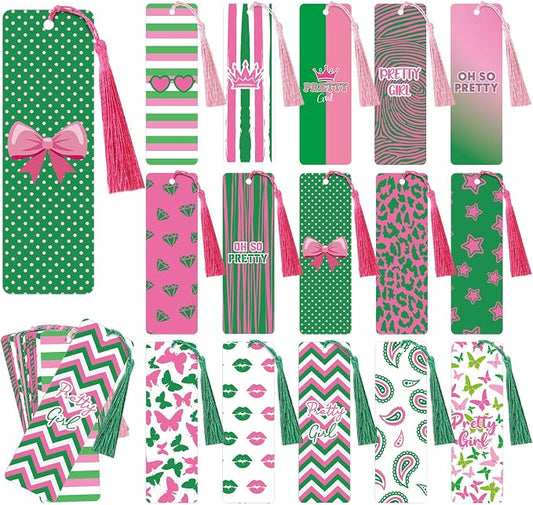 30 Set Pink and Green Sorority Bookmark with Tassels African American Pretty Sister Gifts for Women Sisterhood Party Favors Book Lover Reading Accessories