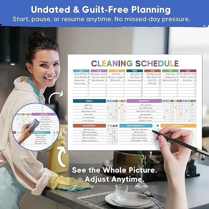 ADHD Cleaning Planner for Adults - Floral Cover Design. Undated Colorful Daily Weekly Monthly Quarterly Yearly Chore Tracker Log. Wipe-Clean PVC Spiral Journal for Organizing Home & Dopamine Menu List