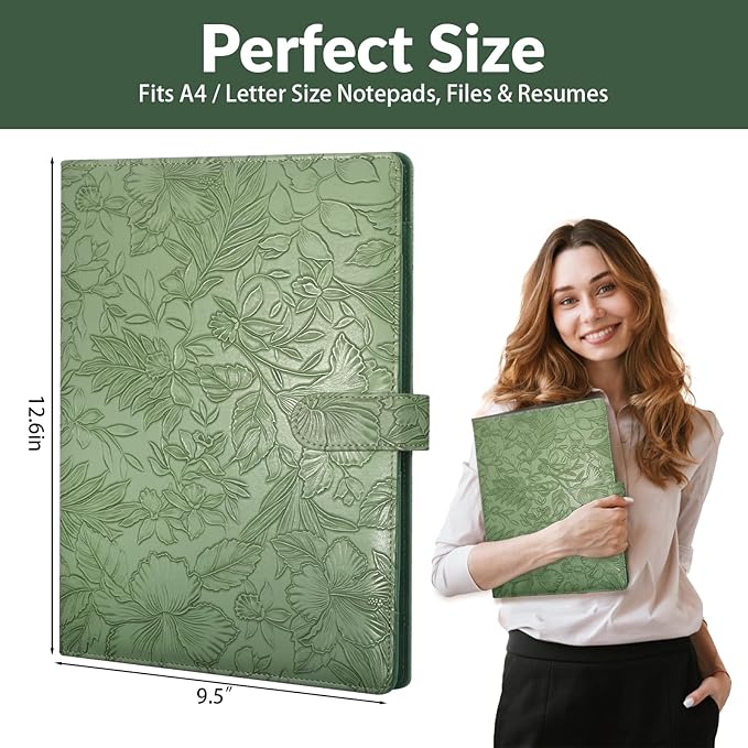 Professional Padfolio Portfolio Binder, Textured Embossing Faux Leather Folder Organizer for Letter Size Legal Pad Notepad Resume, Card Holder for Women Men Business Office Conference (Green)