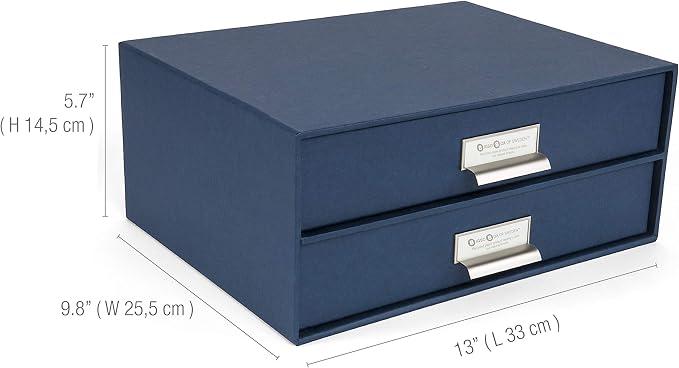 Bigso Box of Sweden Birger 2-Drawer Fiberboard Label Frame Document Letter Box | Desktop Drawers for Loose Papers, Document| Desktop Storage Drawer with Metal Label Holder | 13.1” x 10” x 5.7” | Blue