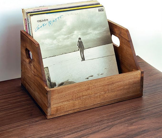 Acacia Wood Vinyl Record Storage Crate - Classic Cube Record Holder, Album Organizer Case Box for 60+ Records, Home Decor and Collection Display