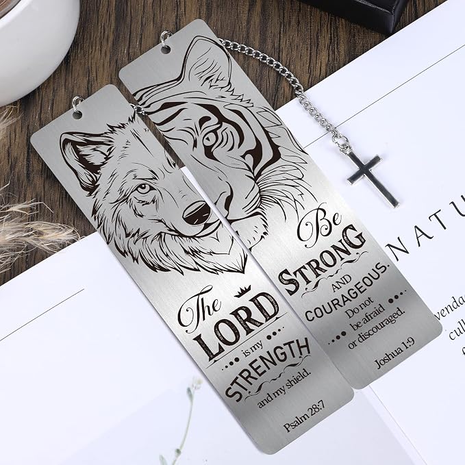 Christian Metal Bookmarks for Men - 2 Pcs Lion and Wolf Bible Verse Inspirational Gifts Book Marks Religious Cool Page Markers Reading Lovers Bookish Readers Birthday School Accessories