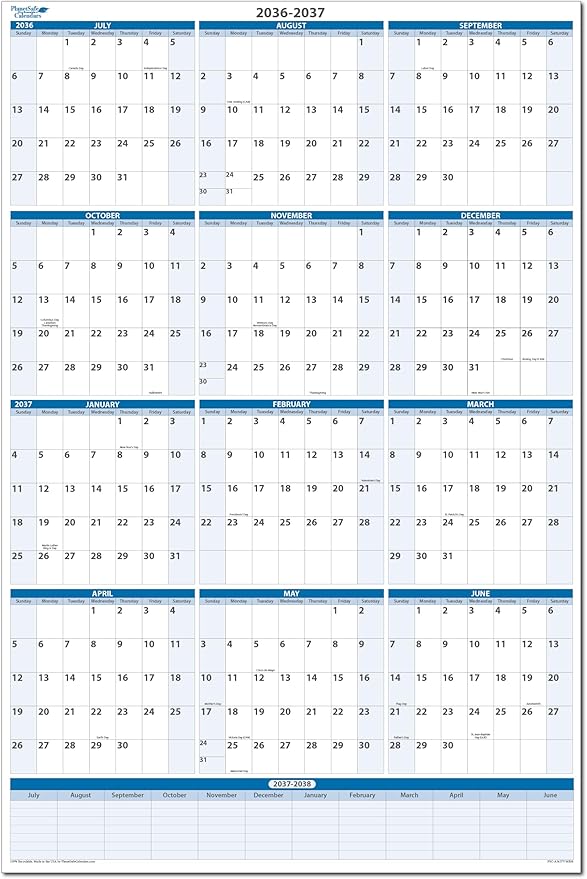 Fiscal/Academic Split Year July 2036 to June 2037 Vertical 12 Month Wall Calendar 36" x 24" - Dry & Wet Erasable with Next Year Planner Area. Complete with Fine tip Dry-erase Marker and Eraser