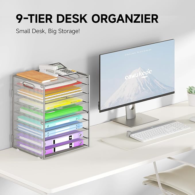 Cawukege 9 Tier Paper Organizer with Handle, Large Capacity Desk Organizer Mesh File Folder Letter Paper Tray Desktop Document Sorter for Classroom, School, and Office Accessories Organization- Silver