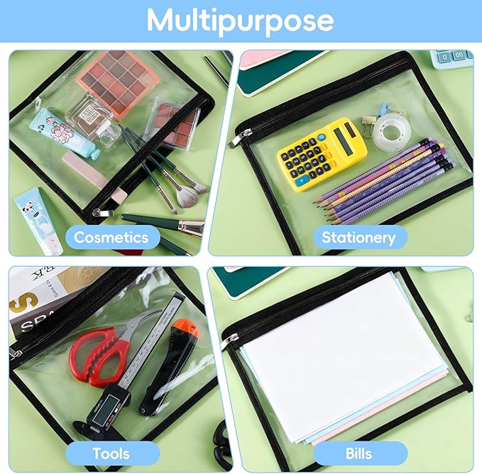 8 Pcs Clear Zipper Pouches, Clear Pencil Pouch,PVC Waterproof Makeup Pouch Envelopes Folder Storage,Document File Organization Bags for Home Office Supplies(10.6 x 8.3inch)
