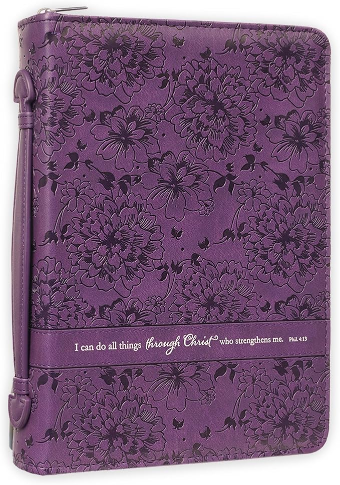 Christian Art Gifts Women's Fashion Bible Cover I Can Do All Things Philippians 4:13, Purple Floral Faux Leather (Large)