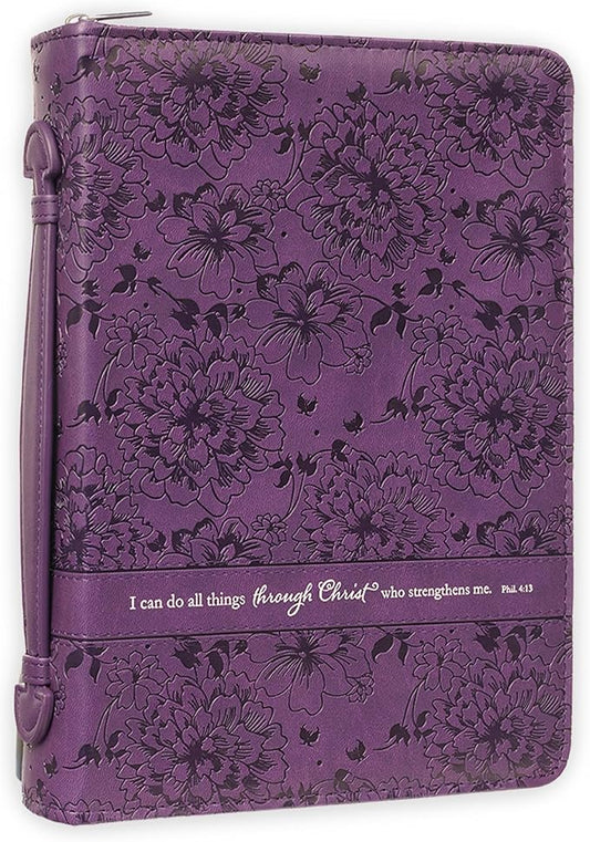 Christian Art Gifts Women's Fashion Bible Cover I Can Do All Things Philippians 4:13, Purple Floral Faux Leather (Medium)
