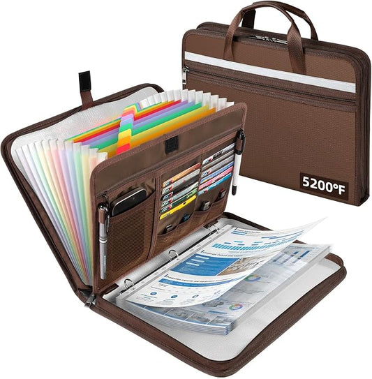 5200℉ Fireproof Document Organizer with 13 Accordion Expanding File Folder, Aluminum Foil Zipper Binder with 30 A4/Letter Sheet Protector, Binder for School Office Home Storage (Brown)