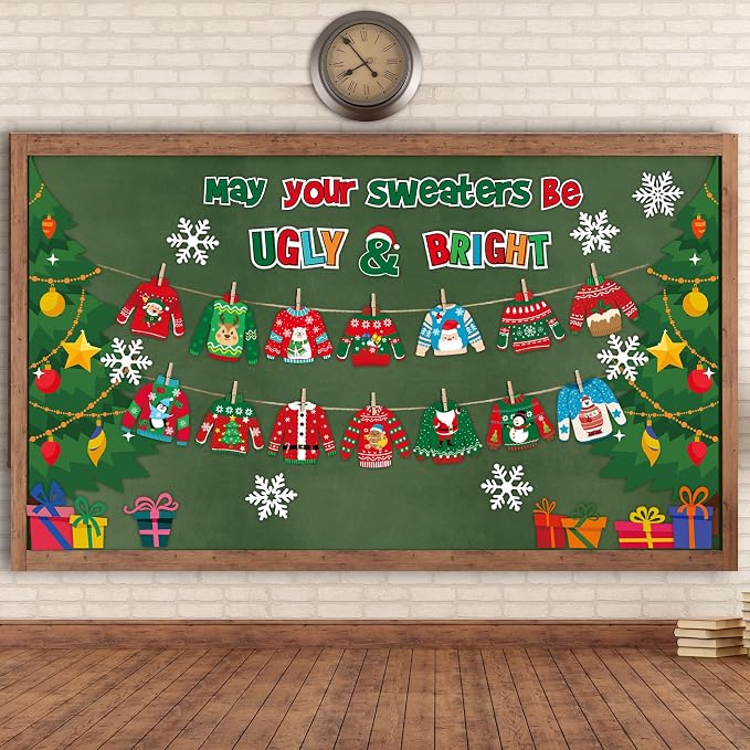 Pasimy Christmas Bulletin Board Decorations Set Ugly Sweater Paper Cutouts Xmas Tree Snowflake DIY May Your Sweater Be Ugly and Bright Classroom Decor for School Chalkboard Home Winter Holiday Party