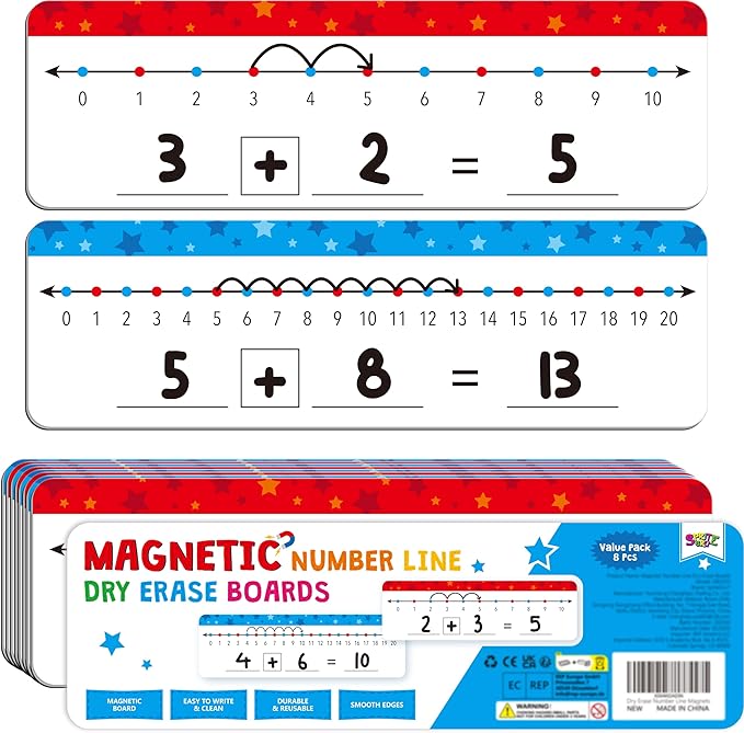 8 Packs Magnetic Number Line Boards, Dry Erase Writable and Erasable Math Board Addition & Subtraction White Board Magnets for Kids, Students, Classroom and Home (Each Measures 12” x 3.5”)