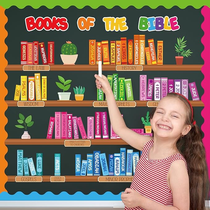 FYSUIMU Bible Learning Bookshelf Bulletin Board Decorations Christian Classroom Decor Back to School Bookshelf Cutouts for Sunday School Classroom Chalkboard Wall Decor