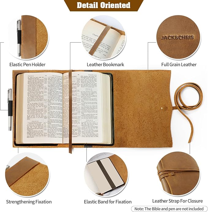 Jack&Chris Leather Bible Cover, Leather Book Cover for Men and Women, Bible Holder Strap Bible Cover Gifts, JC61-7M
