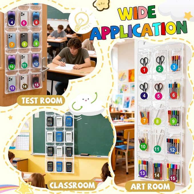Headphone Storage Classroom Headphone Organizer 15 Pockets PVC Clear Organizer Holder for School Cell Phones Calculators, With Headphone Storage Stickers & Digital Stickers