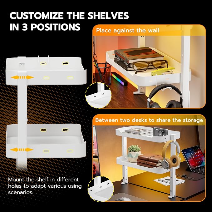 ARES WING 2-Tier Clamp On Desk Shelf, 16 inch Adjustable Above or Under Desk Storage Shelves Holds 66 lbs, Heavy Duty Desktop Organizer with Headphone Holder for Working and Gaming Accessories, White
