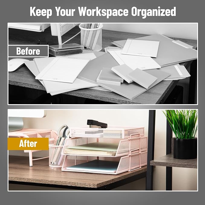 Mind Reader 2 Tier Paper Tray with Top Supply Compartment, Desktop File Organizer, Metal Mesh, Pink