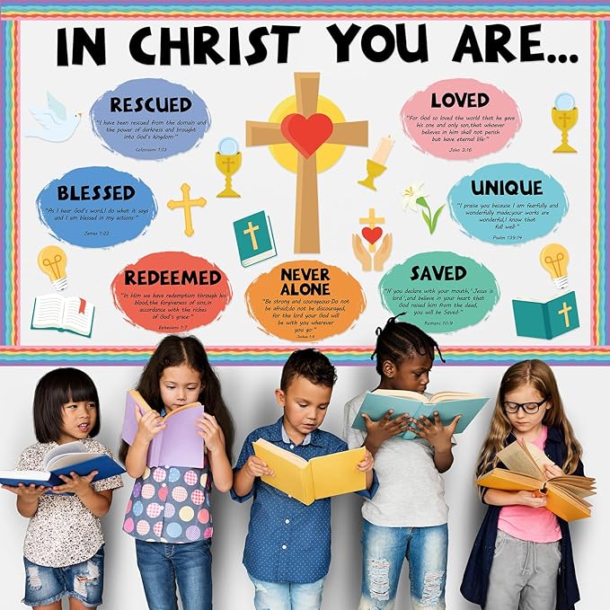 Christian Jesus Bulletin Board Decoration Set Religious Cross Bible Paper Cutouts You are Positive Inspirational Motivational Borders Sunday School Spring Summer VBS Classroom Prayer Board Supplies