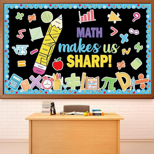 Math Bulletin Board Set Mathematics Back to School Classroom Decoration Math Makes Us Sharp Bulletin Board Pencil Shaped Paper Cutouts for School Office Chalkboard Wall Supplies Decor