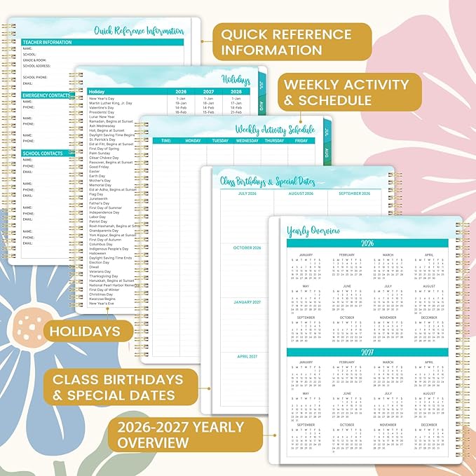 Teacher Planner 2026-2027 - Teacher Lesson Planner 2026-2027, July 2026- June 2027, 8.5" x 11", Good for School Year with Color Tabs, Gradebook, Communication Log & Inner Pocket