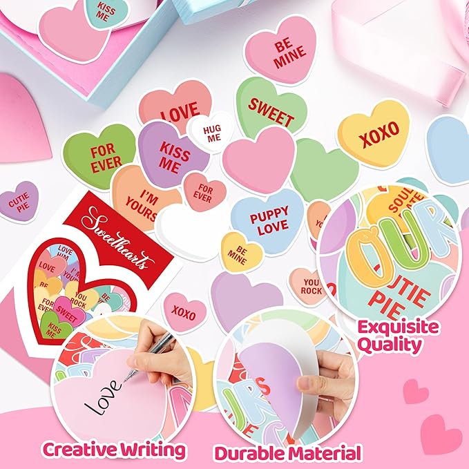 130Pcs Valentine’s Day Conversation Heart Bulletin Board Classroom Decoration Set, Sweet Candy Heart Cutouts Banner Name Tags, School Classroom Chalkboard Wall Decor Valentines Party Supplies