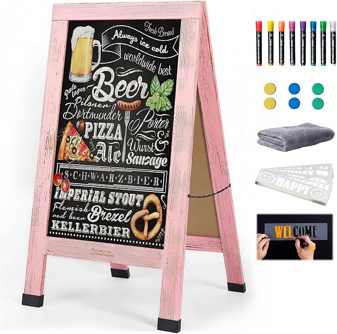 Wood Magnetic A-Frame Chalkboard Signs, 40" x 20" Large Sandwich Board Signs Outdoor, Double-Sided Sidewalk Blackboard for Business, Wedding, Vendor Display, Coffee Shope - Pink