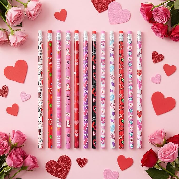 Nydotd 48pcs Bulk Valentines Day Pencils - Wooden Pencils with Erasers, Valentine's Exchange Gifts Goodie Bags Fillers Giveaways Heart Pattern