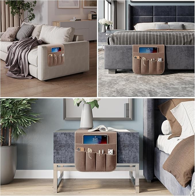 Armrest Organizer Non Slip Remote Control Holder Arm Chair Couch Caddy For Recliner Sofa Bedside With 5 Pocket Storage for Tablet Phone iPad (Coffee, W13" x L33")