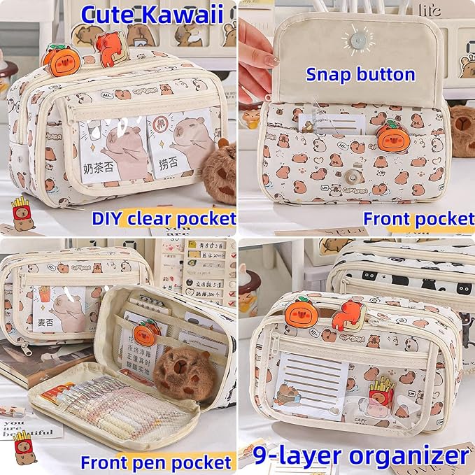 Cute Kawaii Pencil Case Pouch Cartoon Pen Box Holder Organizer for Office Workspace Supplies Desk Accessories Travel Essentials Aesthetic Trendy Cool Stuff Gift Large Capacity (Purple Kapibala)