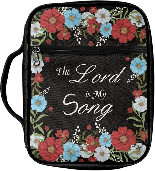 Coldinair Red Blue Floral Print Bible Covers Bag for Women Teens Kids,Carrying Book Case Church Bag Bible Holder with Handle and Zippered Pocket,Black