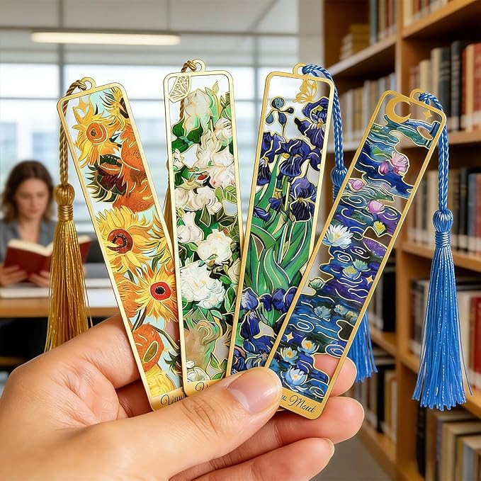 Kinsound Metal Bookmarks with Tassel, Golden Van Gogh Monet Oil Painting Theme Cute Hollow Book Markers for Reading Women, Teachers, Students, Reading Accessories Gifts for Book Lovers (Style A(4PCS))
