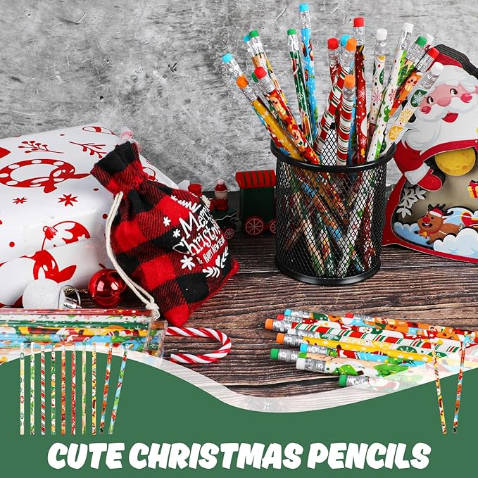 DIYASY 100 Pcs Christmas Pencils for Kids, Holiday Pencils Bulk with Erasers Xmas Wood Pencil Party Favor Supplies Classroom Rewards Prizes Stationery Decorations 10 Styles