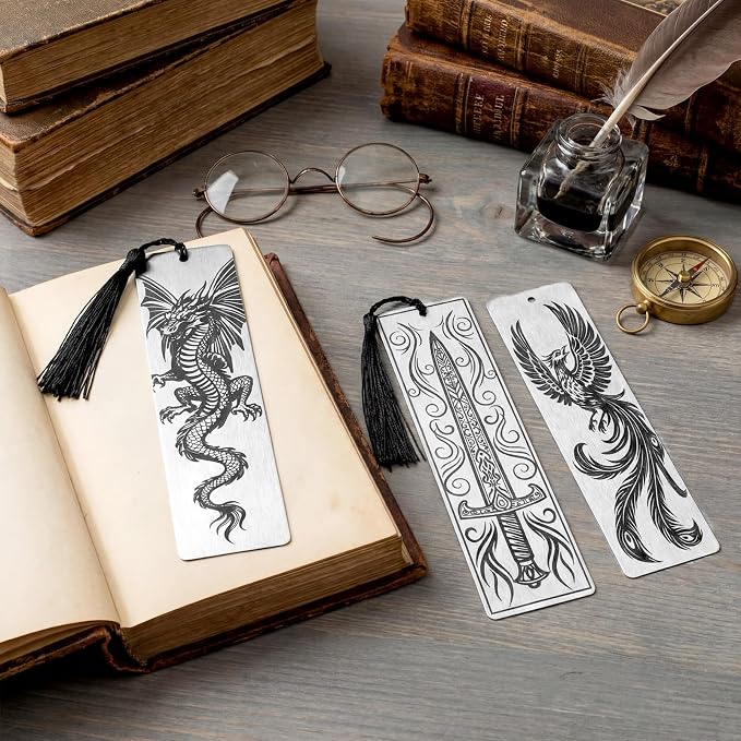 Resurhang Set of 3 Stainless Steel Bookmarks 5.9 x 1.6 Inches Featuring Dragon Phoenix and Sword Fantasy Metal Bookmark Book Accessories for Men Women Friends Book Lovers Birthday Graduation Gift