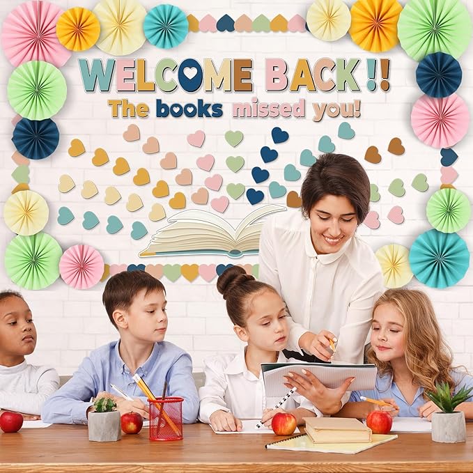 3D Heart Reading Bulletin Board Set Boho Heart Cutout Boho Cutouts Paper Fans Welcome Back The Book Missed You Craft Reading Bulletin Board Decorations for School Library Home Wall Decor Supplies