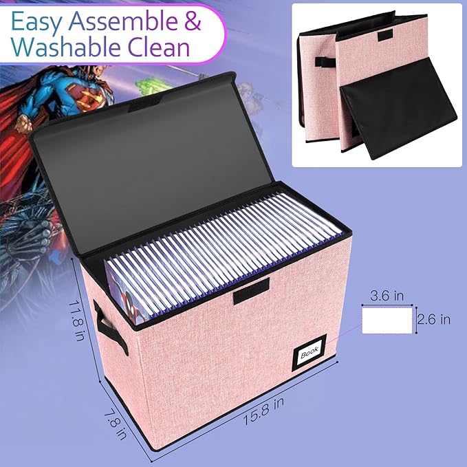 10 Pack Comic Book Storage Box 15.8" X 7.8" X 11.8", Collapsible Holds 160-180 Comic Book Organizer Heavy Duty Bin Container Holder Shelf (Pink)