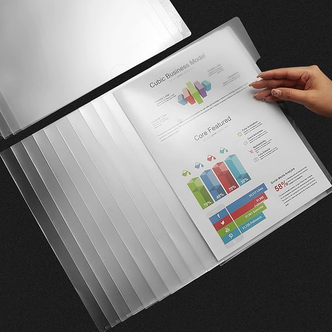 100 Pcs Clear Document Folder Project Pocket for US Letter / A4 Size - Transparent L-Type Plastic Folder
