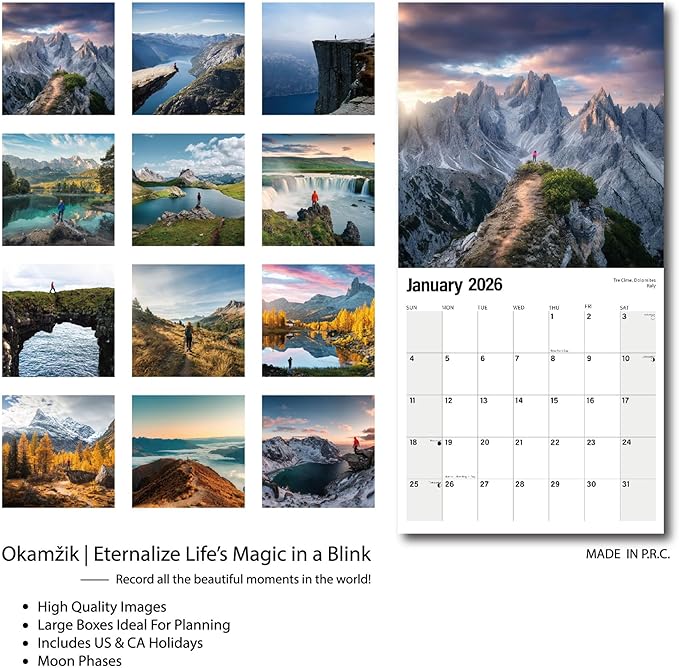 Wall Calendar 2026 Planner Calendar - Hiker Hangable Monthly Wall Calendar with Large Blocks for Organizing & Planning, Academic Schedule, Home, Office & family, Thick & Sturdy Paper (12"x24" Open)