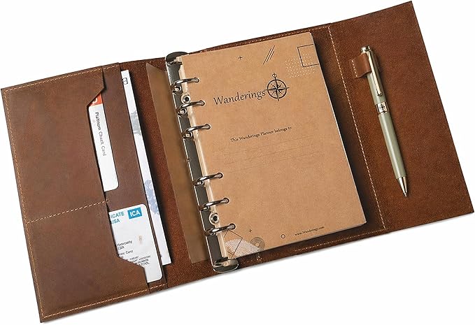 WANDERINGS A5 Leather Binder Planner - Refillable 6 Ring Journal with Inner Pockets - Hand-Crafted Genuine Leather Organizer- Filofax Compatible. 2026/27 Monthly Weekly Calendar with Notes - 6"x8.5"