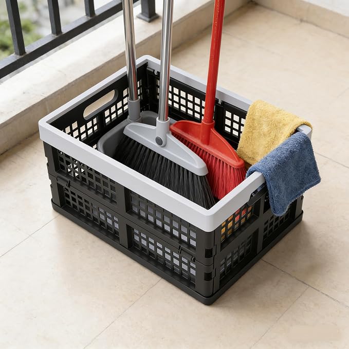 15L Plastic Collapsible Storage Crates, Folding Crates Storage Basket, Pack of 4, Black
