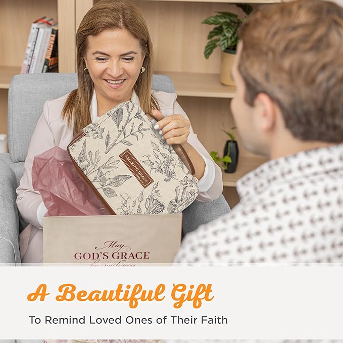 Christian Art Gifts Women's Premium Natural Canvas Vegan Leather Fashion Bible Cover: Amazing Grace - Inspirational Scripture, Sturdy Protective Book Carry Case Accessory, Creamy Brown Floral, Medium