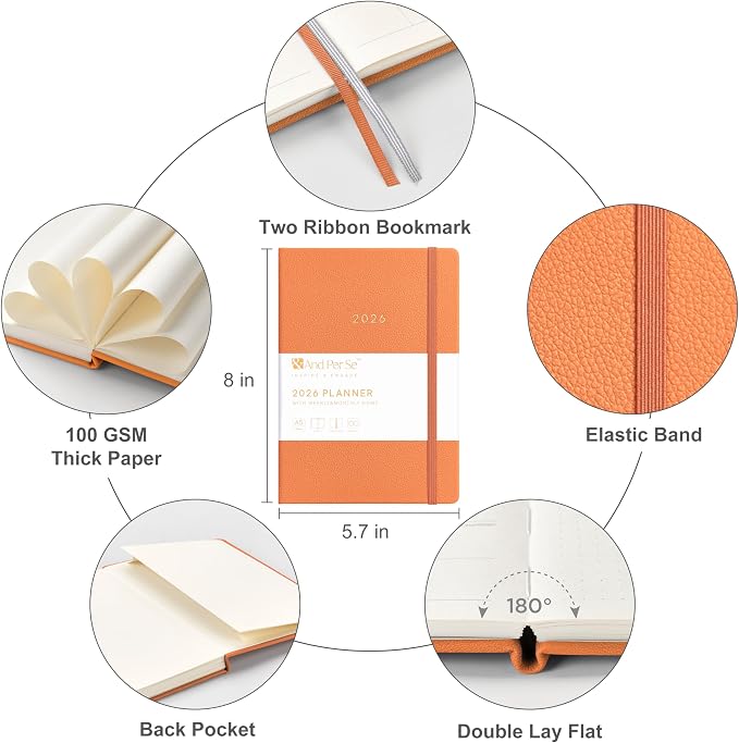 And Per Se 2026 Planner-Daily, Weekly & Monthly Leather Hardcover Planner, 5.7" x 8", Daily Schedule, 100 GSM Thick Paper, Back Pocket(Pumpkin Orange)