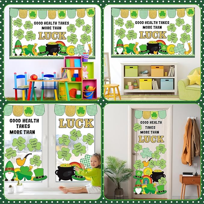 St. Patrick's Day Healthy Bulletin Board Set Lucky Shamrock Classroom Decoration Clover Leprechaun Hat Gold Coin Jar St.Patrick's Paper Cutouts for Teachers School Chalkboard Wall Decor