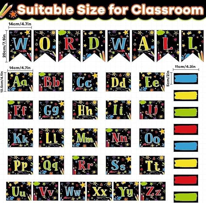 Word Wall Classroom Bulletin Board Set Classroom Alphabet Letters for Wall Alphabet Classroom Decoration Supplies for Home Preschool Primary School Classroom Wall Decor(Colorful on Black)