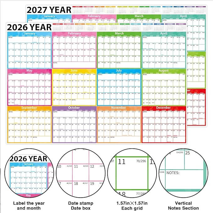 2026-2027 Large Dry Erase Calendar for Wall 48" x 32" Yearly Wall Calendar 24 Month Calendar Planner Laminated Erasable Yearly Planner Annual Task Organizer for Office School Home Use(Fold Package)