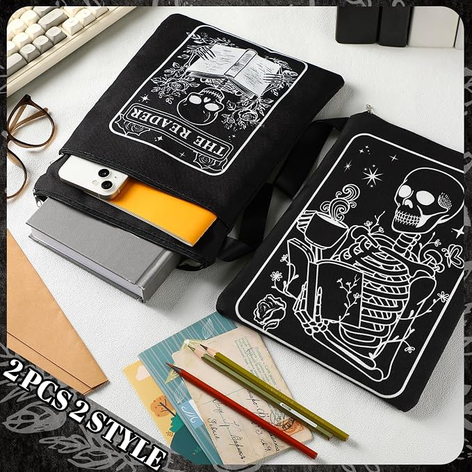 Feifeiya 2 Pcs Book Sleeves Gothic Skeleton Skull Canvas Book Cover Pouches with Zipper Washable Front Pocket Gifts for Books Lover Reader Reading