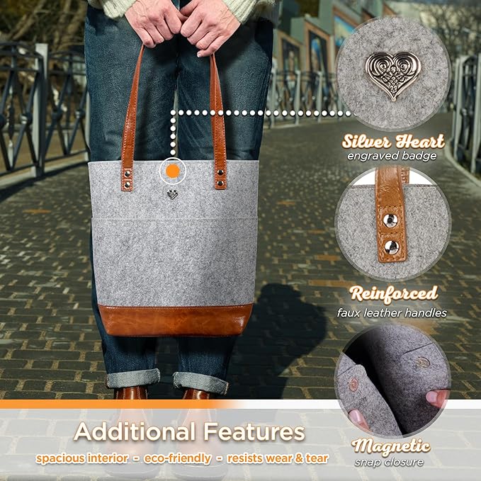 Christian Art Gifts Felt and Faux Leather Bible Tote for Women: With Metal Heart Badge, Pockets and Magnetic Button Closure, Toffee Brown and Gray, One Size Carry Bag for Books, Supplies and Shopping