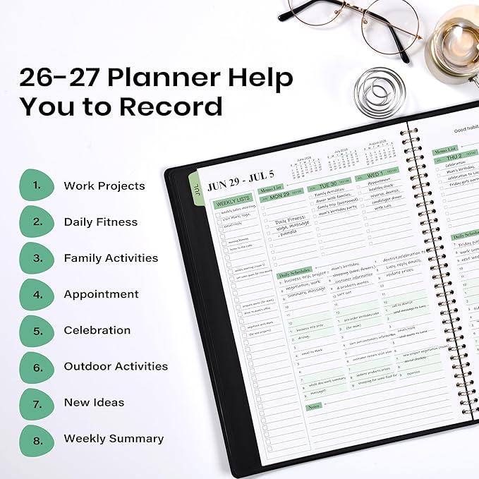 2026-2027 Planner - 11.38'' x 8.74'', Weekly & Monthly Planner Notepad, JUL. 2026 - JUN.2027, Appointment Book 2026-2027, 60 Minutes Interval, Monthly Tabs, Faux Soft Leather, Spiral Bound - Black