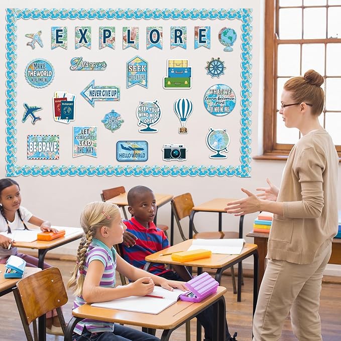 gisgfim Travel the Map Bulletin Board Classroom Decorations Set Motivational Sign Travel Paper Cutouts for World Map Adventure Explore Accent Teacher Supplies Back to School Wall Door Chalkboard Decor