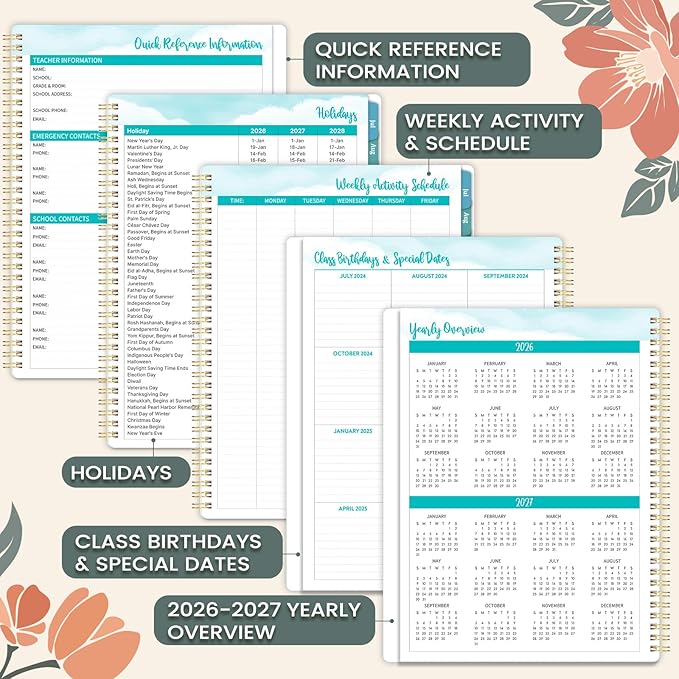 Teacher Planner 2026-2027 - 2026-2027 Teacher Planner, Weekly & Monthly Lesson Planner, July 2026 - June 2027, 8.5" x 11", Colorful Monthly Tabs, Twin-Wire Binding, Back Pocket