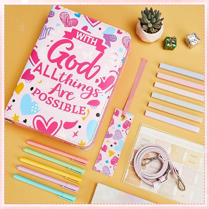 19PCS Pink Love Heart Leather Bible Cover for Women Bible Cover Cases for Teen Girls Christmas Gift Christian Church Carrying Bag Journaling Kit with Shoulder Strap Highlighter Pens Book & Marker